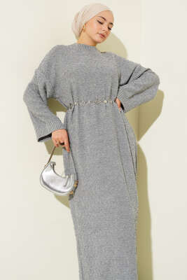 Kabartma Desenli Triko Elbise Gri - RAFİMİX