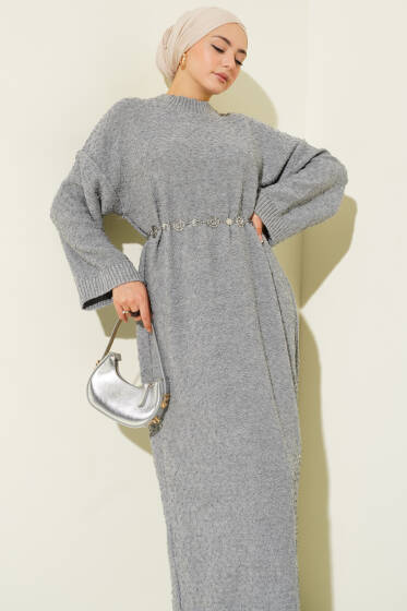 Kabartma Desenli Triko Elbise Gri - Elbise