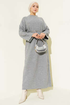 Kabartma Desenli Triko Elbise Gri - Elbise