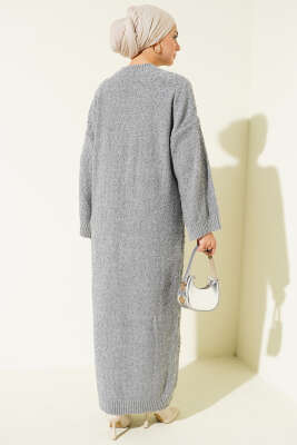 Kabartma Desenli Triko Elbise Gri - Elbise