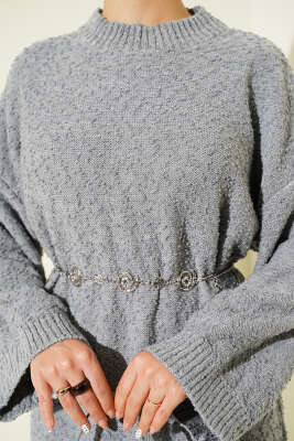 Kabartma Desenli Triko Elbise Gri - Elbise