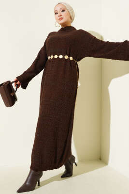 Kabartma Desenli Triko Elbise Kahve - RAFİMİX