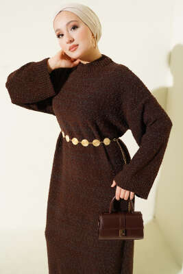 Kabartma Desenli Triko Elbise Kahve - Elbise