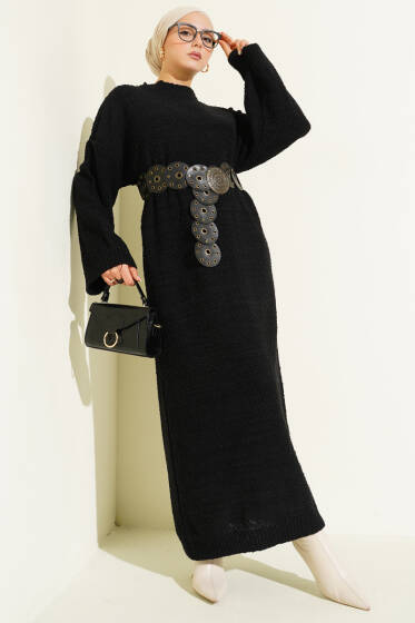 Kabartma Desenli Triko Elbise Siyah - Elbise