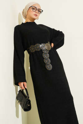 Kabartma Desenli Triko Elbise Siyah - Elbise