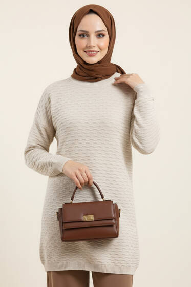 Kabartma Desenli Triko Tunik Bej - Tunik