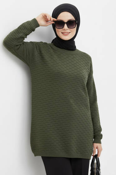 Kabartma Desenli Triko Tunik Haki - Tunik