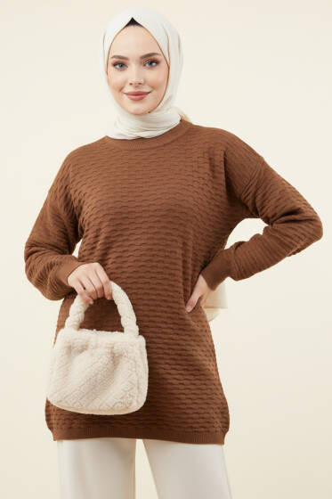 Kabartma Desenli Triko Tunik Kahve - Tunik