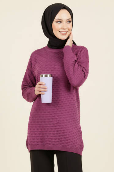 Kabartma Desenli Triko Tunik Mürdüm - Tunik