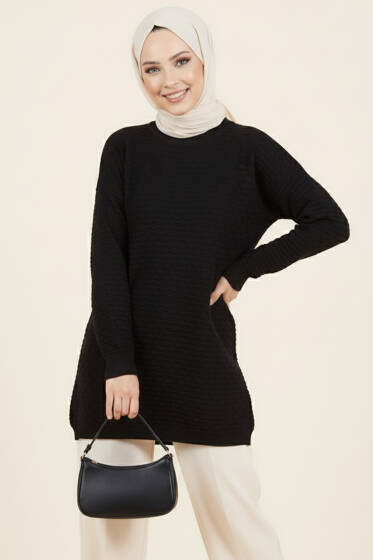 Kabartma Desenli Triko Tunik Siyah - Tunik
