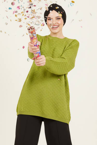 Kabartma Desenli Triko Tunik Yağ Yeşili - Tunik