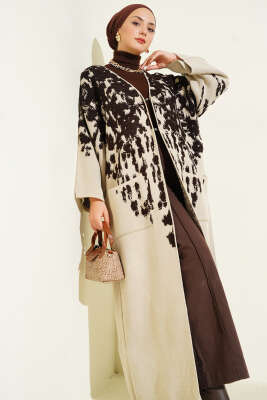 Kabartma Desenli Triko Uzun Hırka Acı Kahve - ULUDAĞ TRİKO