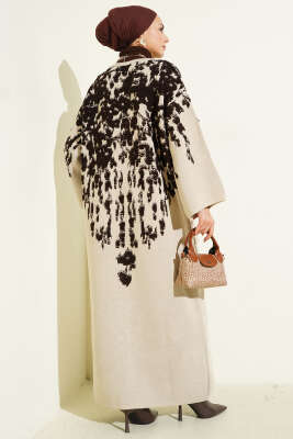 Kabartma Desenli Triko Uzun Hırka Acı Kahve - Hırka