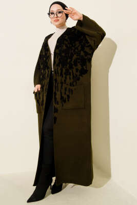 Kabartma Desenli Triko Uzun Hırka Haki - ULUDAĞ TRİKO