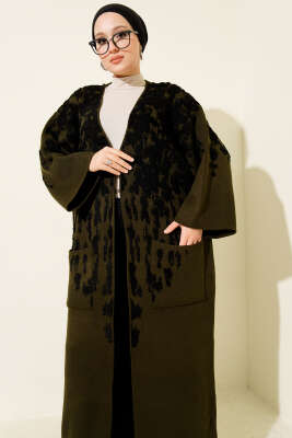 Kabartma Desenli Triko Uzun Hırka Haki - Hırka