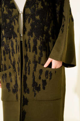 Kabartma Desenli Triko Uzun Hırka Haki - Hırka