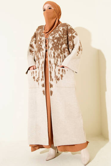 Kabartma Desenli Triko Uzun Hırka Latte - Hırka