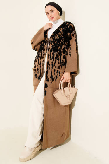 Kabartma Desenli Triko Uzun Hırka Siyah - Hırka