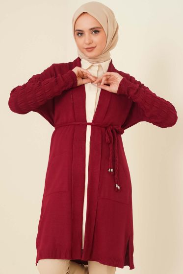 Kabartma Kollu Örgü Hırka Bordo - Hırka