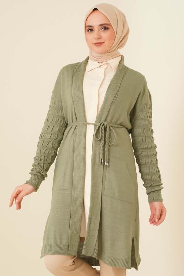 Kabartma Kollu Örgü Hırka Çağla Yeşili - Hırka