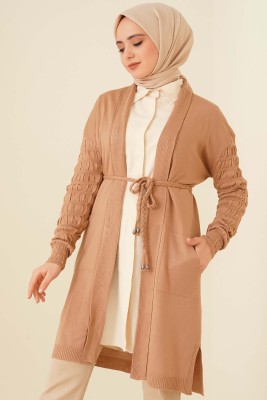 Kabartma Kollu Örgü Hırka Camel - Hırka