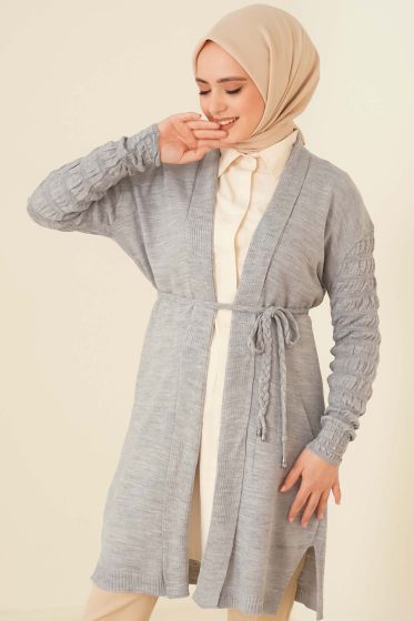 Kabartma Kollu Örgü Hırka Gri - Hırka