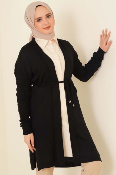 Kabartma Kollu Örgü Hırka Siyah - Hırka