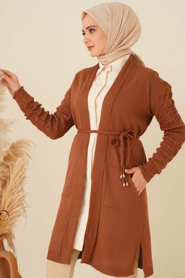 Kabartma Kollu Örgü Hırka Taba - Hırka