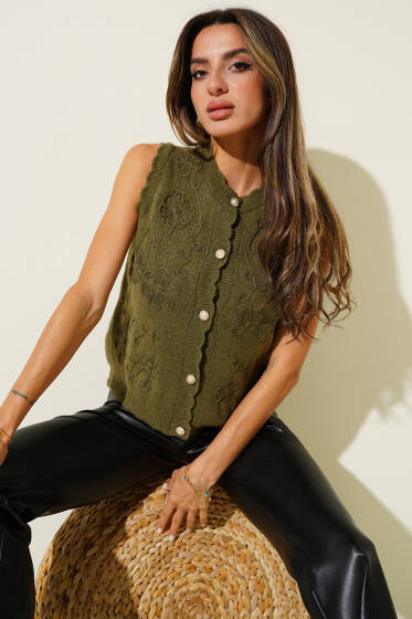 Kabartma Nakış Detaylı Yelek Haki - Kadın Giyim Modelleri