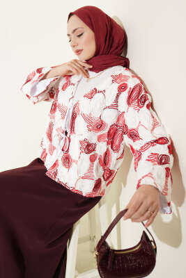 Kabartma Nakışlı Bağcıklı Kimono Bordo - DUFON