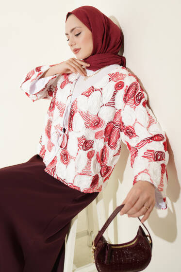 Kabartma Nakışlı Bağcıklı Kimono Bordo - Dış Giyim&Mont