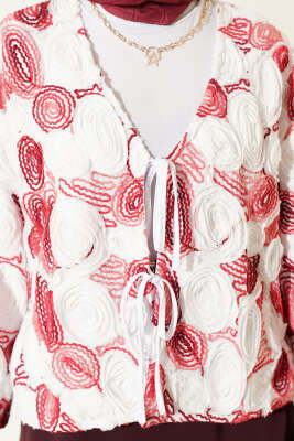 Kabartma Nakışlı Bağcıklı Kimono Bordo - Dış Giyim&Mont