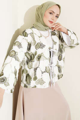 Kabartma Nakışlı Bağcıklı Kimono Haki - DUFON