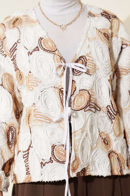 Kabartma Nakışlı Bağcıklı Kimono Kahve - Dış Giyim&Mont