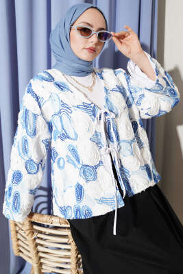 Kabartma Nakışlı Bağcıklı Kimono Mavi - DUFON