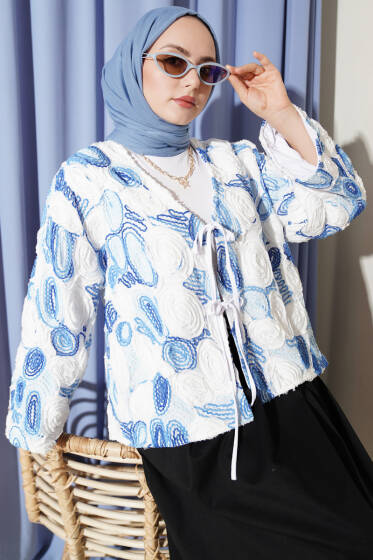 Kabartma Nakışlı Bağcıklı Kimono Mavi - Dış Giyim&Mont