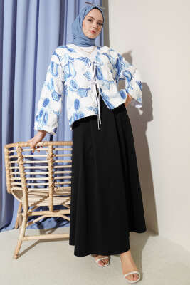 Kabartma Nakışlı Bağcıklı Kimono Mavi - Dış Giyim&Mont