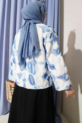 Kabartma Nakışlı Bağcıklı Kimono Mavi - Dış Giyim&Mont