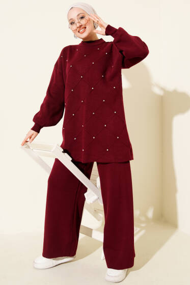 Kabartma Şeritli Taşlı Triko İkili Takım Bordo - İkili Takım