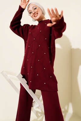 Kabartma Şeritli Taşlı Triko İkili Takım Bordo - İkili Takım