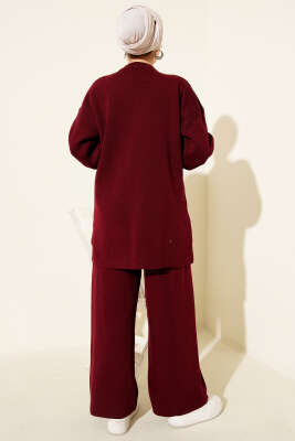 Kabartma Şeritli Taşlı Triko İkili Takım Bordo - İkili Takım