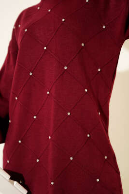 Kabartma Şeritli Taşlı Triko İkili Takım Bordo - İkili Takım