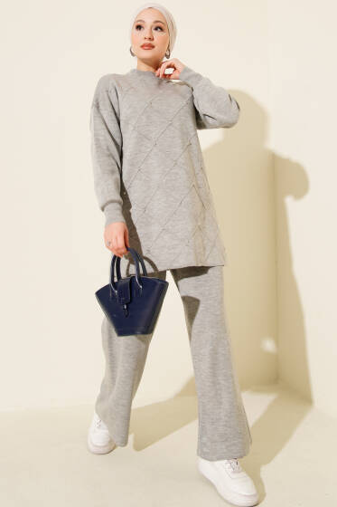 Kabartma Şeritli Taşlı Triko İkili Takım Gri - Elbise