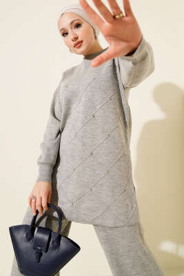 Kabartma Şeritli Taşlı Triko İkili Takım Gri - Elbise