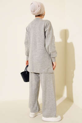 Kabartma Şeritli Taşlı Triko İkili Takım Gri - Elbise