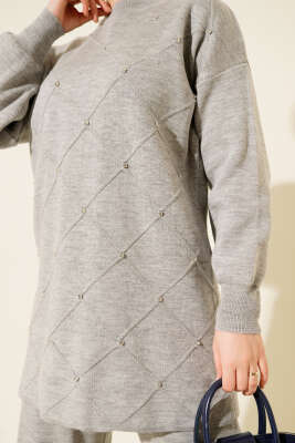 Kabartma Şeritli Taşlı Triko İkili Takım Gri - Elbise