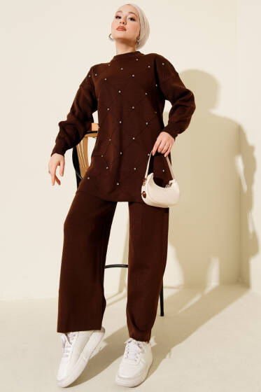 Kabartma Şeritli Taşlı Triko İkili Takım Kahve - İkili Takım