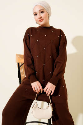 Kabartma Şeritli Taşlı Triko İkili Takım Kahve - İkili Takım