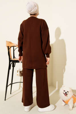 Kabartma Şeritli Taşlı Triko İkili Takım Kahve - İkili Takım