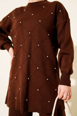 Kabartma Şeritli Taşlı Triko İkili Takım Kahve - İkili Takım